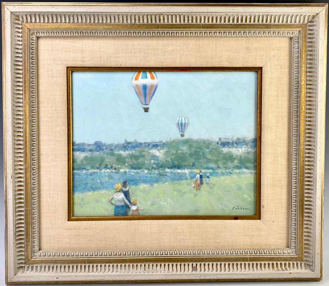Andre Gisson(1921-2003) "Balloons Near The River": Oil on canvas depicting 2 hot hair balloons near the river with people observing, signed on lower right "Gisson", having partial gallery label "#5589", mounted in white gilt frame, very good condition