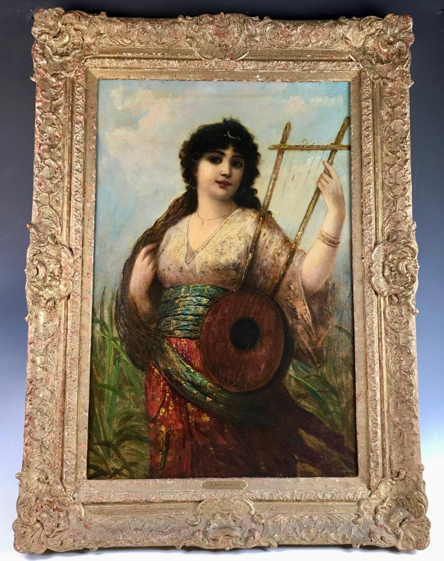 Anton Brentano Painting of a Beauty w/ Harp: Oil on canvas by Anton Brentano (German 1840-1888), depicting a beautiful lady with long wavy hair holding a harp like instrument, signed on lower left with nameplate on frame, glossy varnish, yellowe