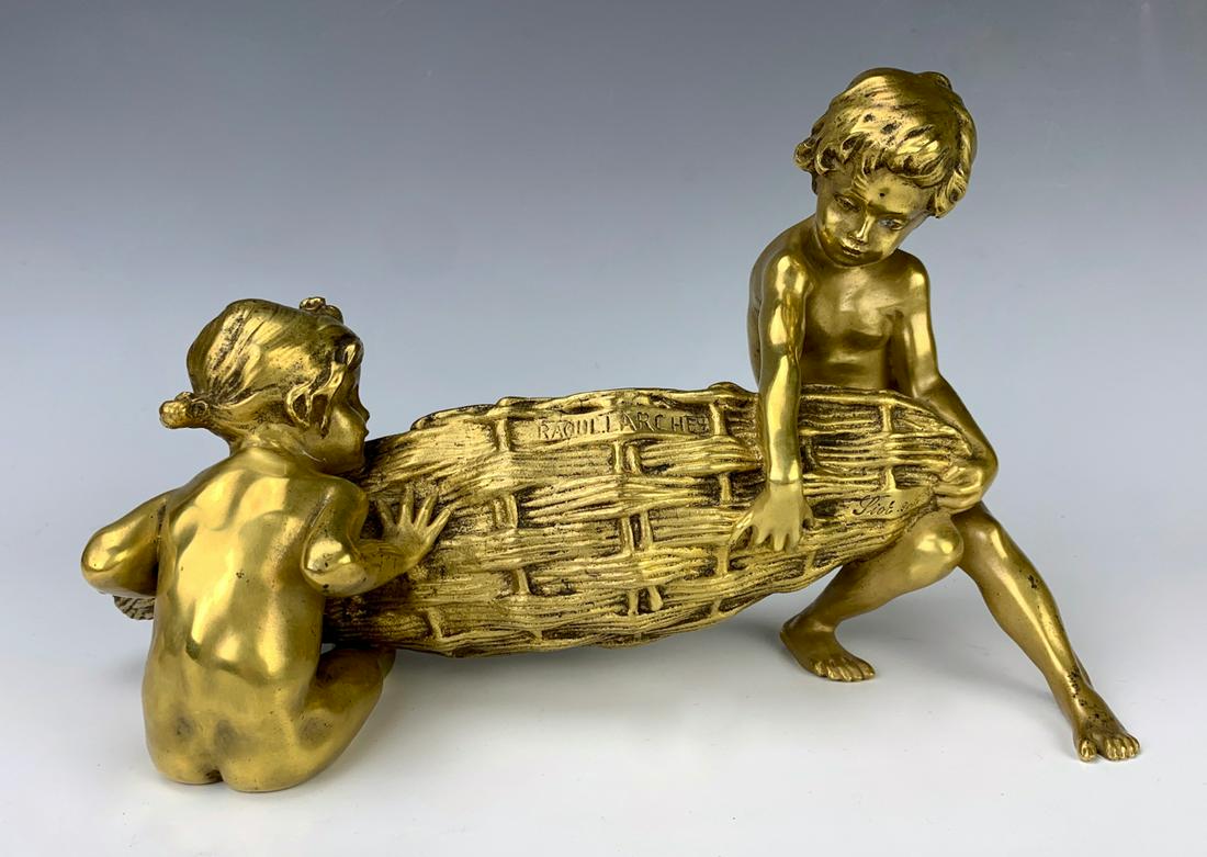 Raoul Larche (1860-1912) "Children Playing": Wonderful antique dore bronze figure of two naked children playing with a basket, signed "Raoul Larch", good condition, original finish, 6.5" x 10"