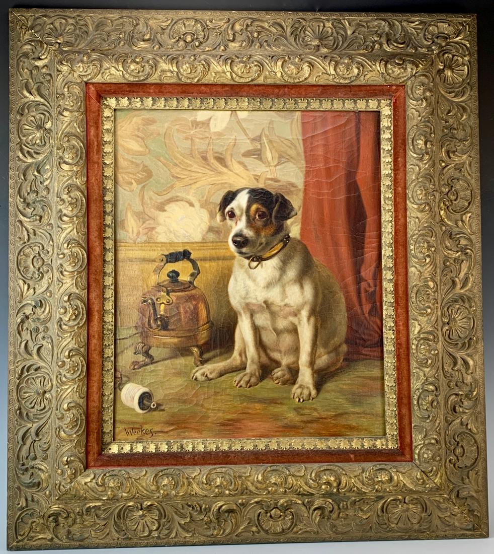William Weekes (1842-1904) Terrier Portrait: Oil on canvas, depicting a fox terrier in a sitting position next to a copper tea kettle, mounted in a superb gilt ornate antique frame, signed "Weekes" on lower left, 21.5" x 18", 35" x 31" with fram