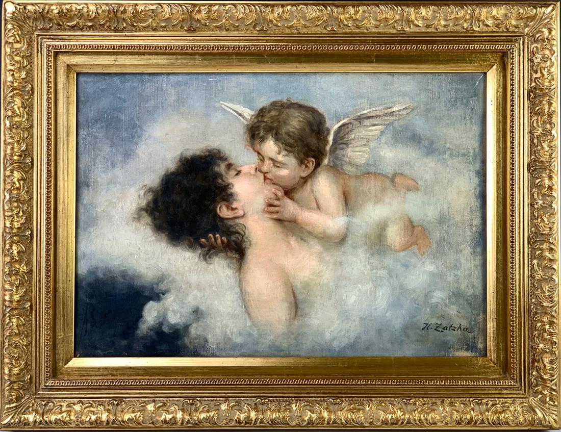 Hans Zatzka (1859-1945) "Cupid Kissing Venus": Circa 1880, oil on canvas, signed lower right "H. Zatzka", no frame, very good condition, 12.5" x 18"