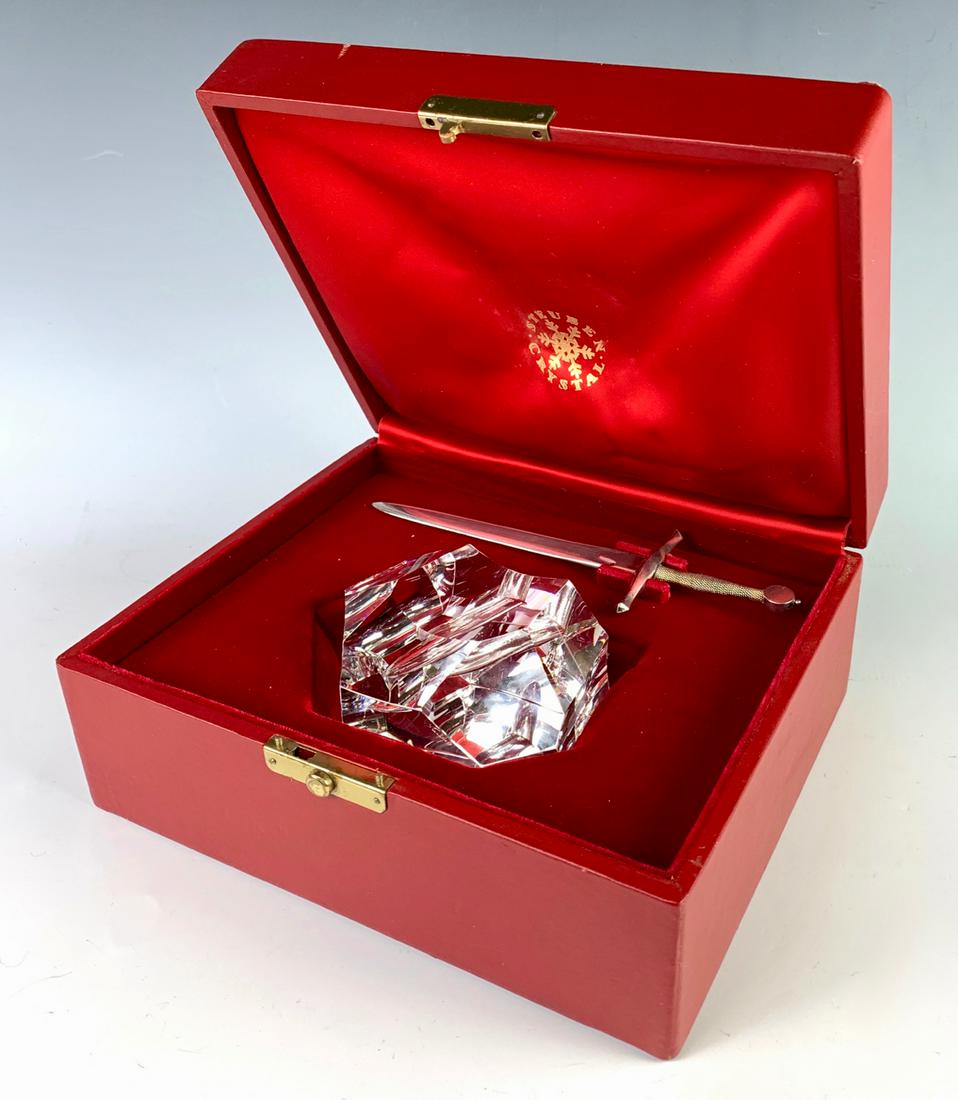 Steuben Excalibur Paperweight & Sterling Opener: Steuben cut and polished crystal paperweight with sterling sword letter opener, marked "Steuben" and "sterling", paperweight marked "Steuben", good condition, 8" height