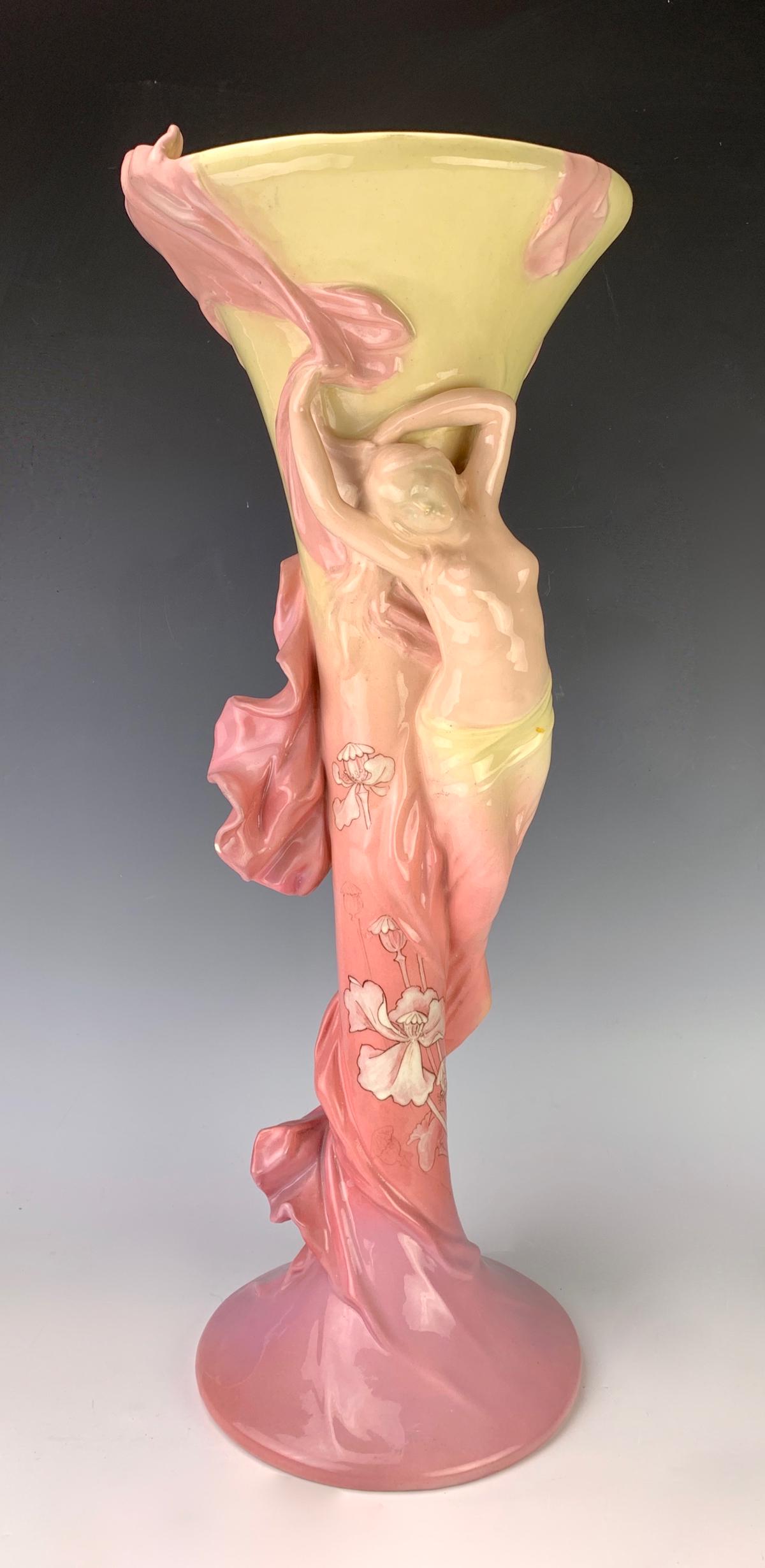 Large Delphin Massier Art Nouveau Figural Vase: Circa 1890, made in France, having a wonderful ceramic art nouveau semi nude vase floor vase, signed "Delphin Massier Valarius", very good condition, 24.5" height