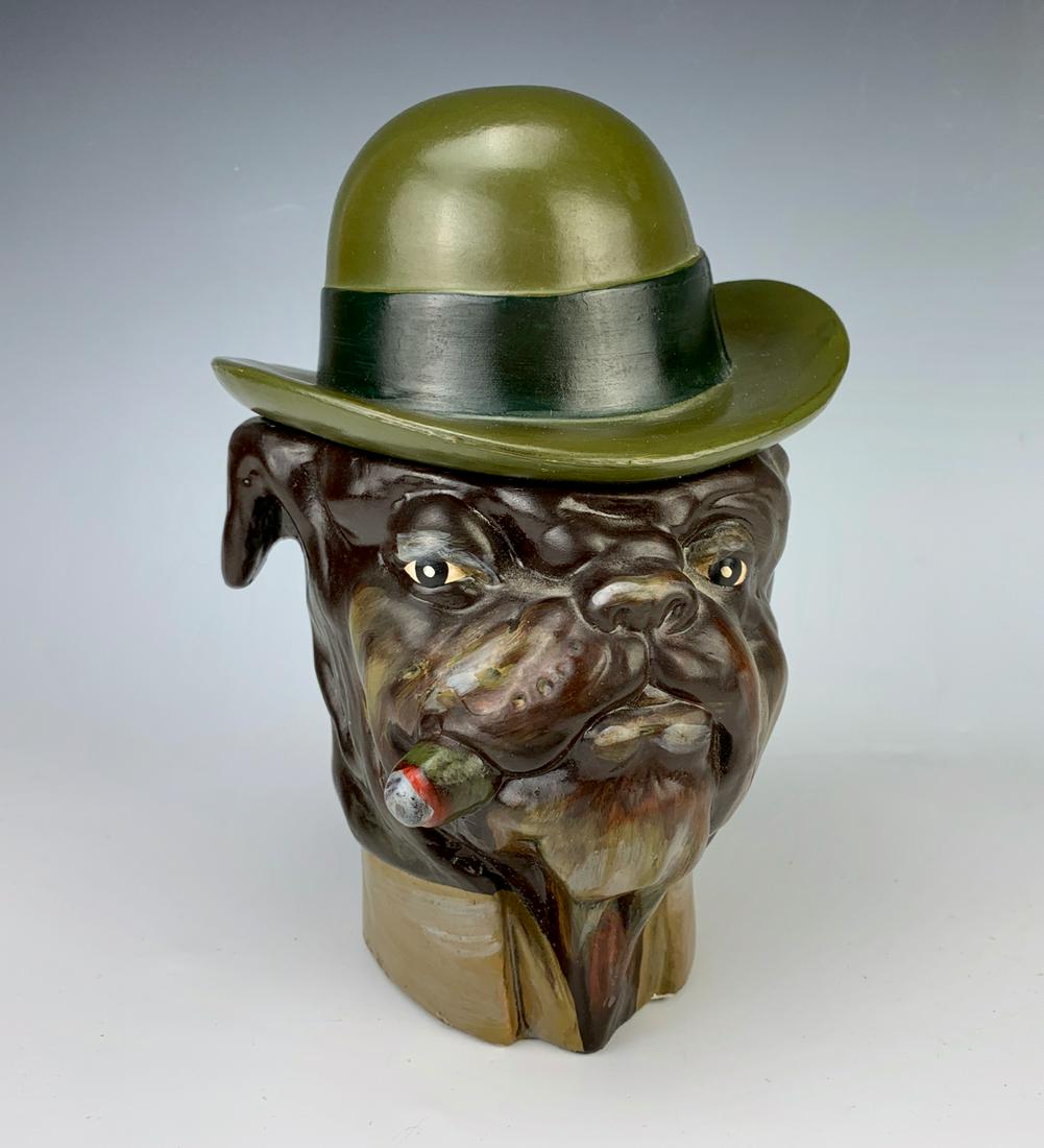 Bulldog with Cigar Tobacco Jar: Having a great bulldog tobacco jar wearing a bowler hat, good condition, 8.5" height **Lifetime estate collection of Jeannine Hamilton, Oak Park, CA**