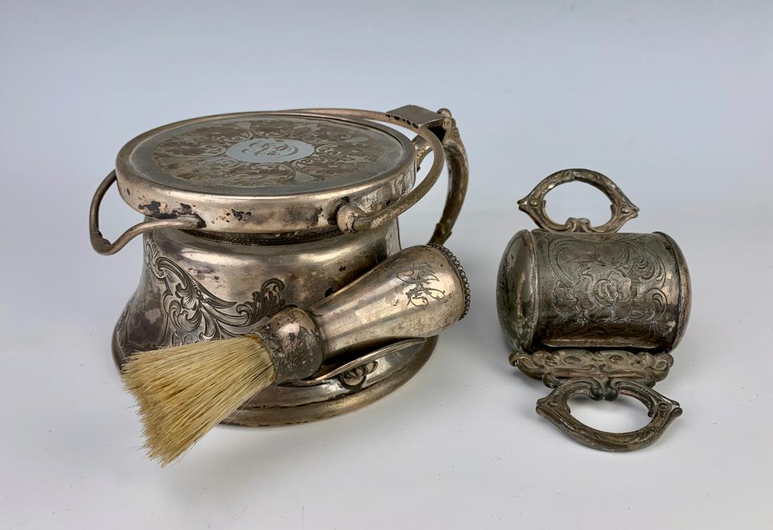 Rogers Silver Plate Shaving Set C. 1880: Antique silver plate shaving set made by Rogers Silver Plate Co., consisting of a handled bowl for shaving cream, fold out mirror and brush, also includes a silver plate and leather razor sharpening s