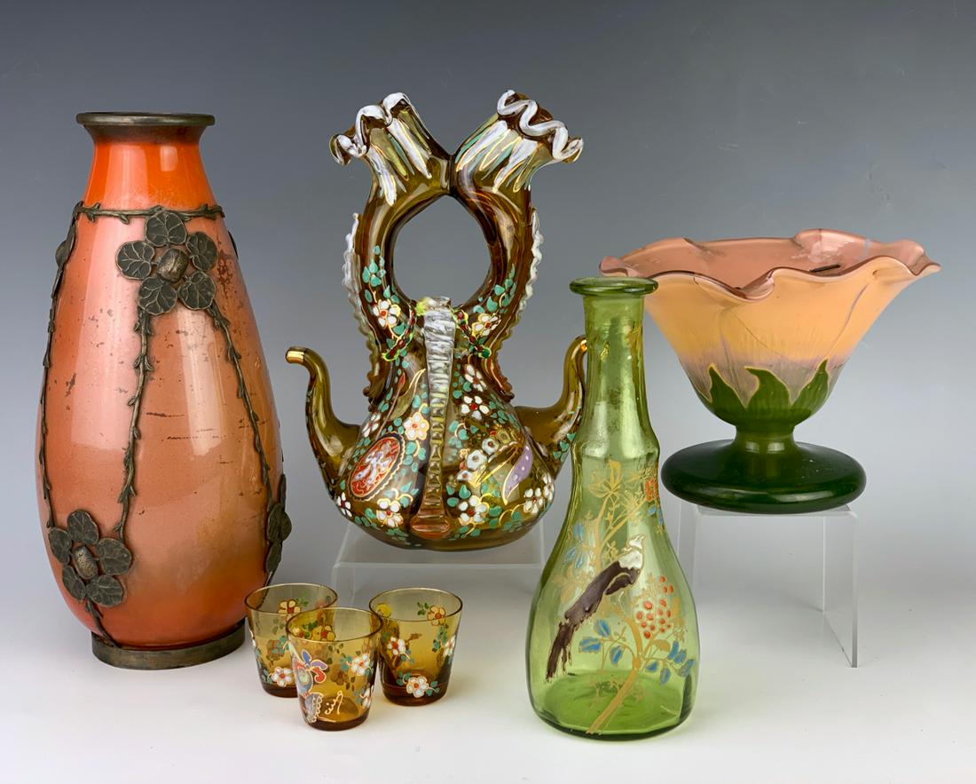 French Enamel Art Glass Including Mulle Croismare: Group of French enamel art glass, consisting of enameled bottle, double spout decanter with 3 shot glasses, a signed Muller Croismare cameo glass bowl which is damaged and a metal overlay over glass v