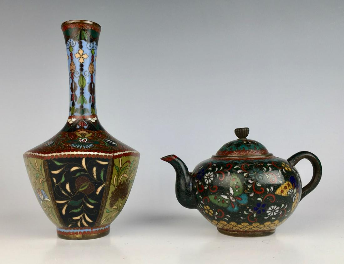 Pair of Japanese Cloisonne Items Meiji Period: Consisting of a vase that has hexagon shaped bottom with designs in goldstone as well as ornate floral design tapering up to a narrow neck, other is a miniature teapot decorated with butterflies, vase