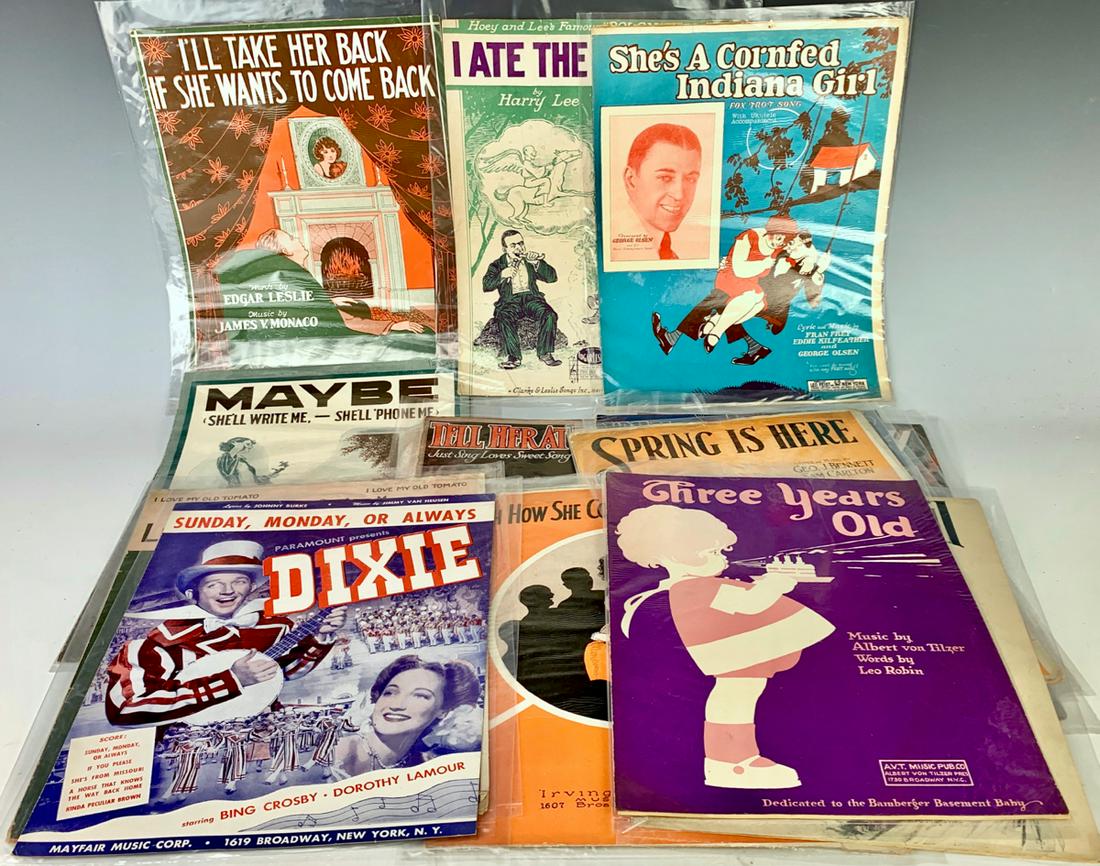25 Plus Vintage Sheet Music: With titles like "I'll Take Her Back if She Wants to Come Back", "I Ate the Boloney", "There's Yes in Your Eyes", Bam Bam Bamy Shore", The Borken Record", etc., most wrapped in plastic sleeve and in g