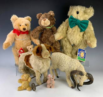 Group of 9 Stuffed Animals Including 2 Steiff: Nice lot consisting of a signed Steiff teddy bear with red ribbon, also a signed Steiff dog pull toy, another larger bear by Vermont teddy bear with tags, brown bear by Gund, ram with glass eyes and
