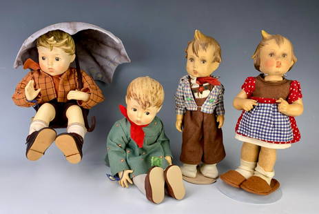 Group of 4 Large Danbury Mint Hummel Dolls: Boy with umbrella, Friend or Foe, and Boy and Girl, all very good condition, 1 boy doll needs head re-attached, 11" tallest **Lifetime estate collection of Jeannine Hamilton, Oak Park, CA**