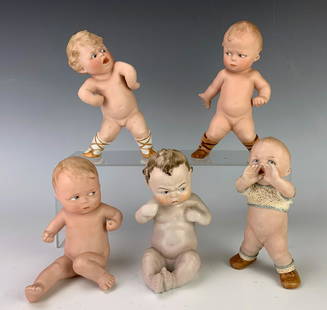 5 Antique Heubach Bisque Porcelain Piano Babies: Wonderful set of 5 bisque character piano babies made by Heubach, 4 are marked with one having Dresden original paper label, the 5th is not marked, all very good condition except one with head