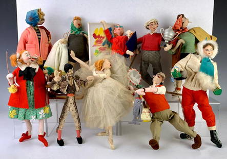 Group of 10 Attributed Klumpe Caricature Dolls: Made in Spain, having a skier, fisherman, matador, artist, ballerina, lady golfer, skier, lady in bathing suit, artist and male golfer, very good condition, 10" tallest **Lifetime estate collection