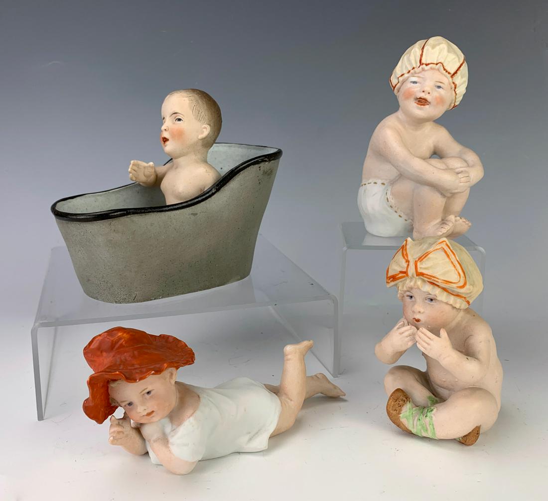 4 Antique German Bisque Porcelain Piano Babies: Adorable set of 4 bisque porcelain piano babies, one marked with Heubach mark, very good condition, 4.5" tallest **Lifetime estate collection of Jeannine Hamilton, Oak Park, CA**