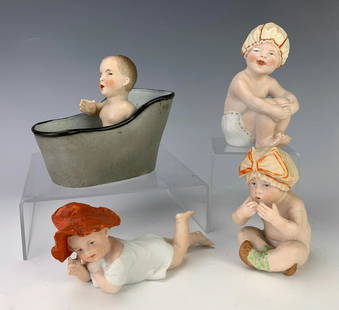 4 Antique German Bisque Porcelain Piano Babies: Adorable set of 4 bisque porcelain piano babies, one marked with Heubach mark, very good condition, 4.5" tallest **Lifetime estate collection of Jeannine Hamilton, Oak Park, CA**