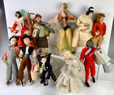 Group of 10 Attributed to Klumpe Caricature Dolls: Made in Spain, having a horse rider, flamenco dancer, lady golfer, vegetable vendor, nurse, plumber, married couple, bellhop and dancer, very good condition, like new, 10" tallest **Lifetime estate