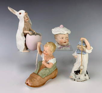 4 Antique Bisque Porcelain Piano Babies: Addorable set of 4 antique bisque porcelain piano babies, baby dressed up in rabbit outfit, baby in shoe, little girl playing with a cat and a hat covered baby box, shoe marked Heubach, others are