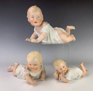 3 Large Antique Bisque Heubach Piano Babies: One large bisque piano baby signed Heubach, medium size signed Heubach and another medium size not marked, very good condition, 8" x 12" largest **Lifetime estate collection of Jeannine Hamilton, Oak