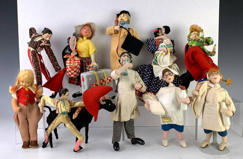 Group of 10 Attributed Klumpe Caricature Dolls: Made in Spain, having nurse with baby, matador, drunkard, lady traveler, matador and bull, lady skier, lady with baby, doctor with syringe and horse rider, very good condition, like new, 10" tallest