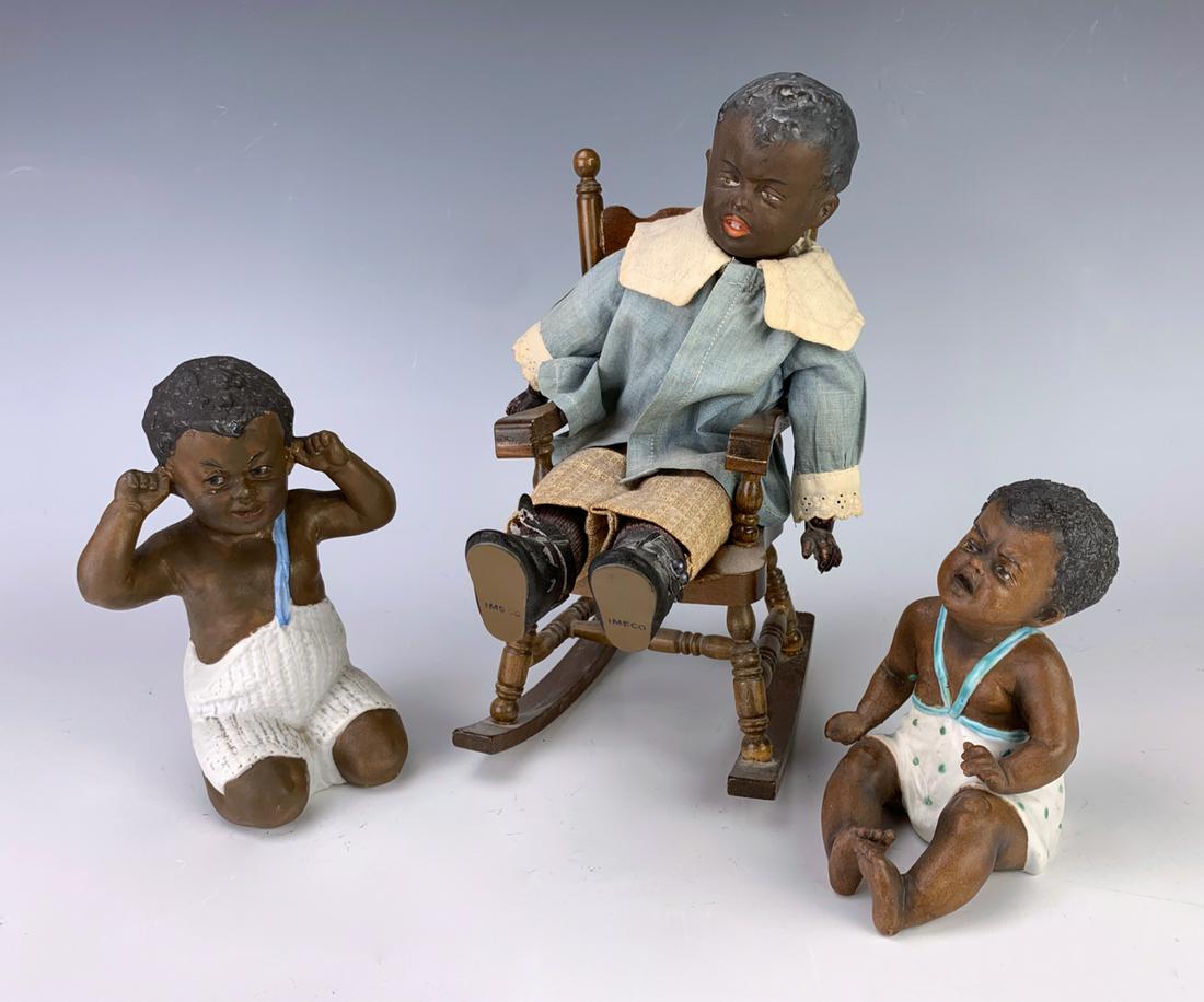 3 Heubach Bisque Antique Black Children Figures: Made and signed by Heubach Germany, 3 bisque children figures, one has a composition body and sits in a rocking chair, very good condition, 9" tallest **Lifetime estate collection of Jeannine Hamilton