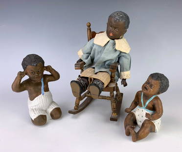 3 Heubach Bisque Antique Black Children Figures: Made and signed by Heubach Germany, 3 bisque children figures, one has a composition body and sits in a rocking chair, very good condition, 9" tallest **Lifetime estate collection of Jeannine