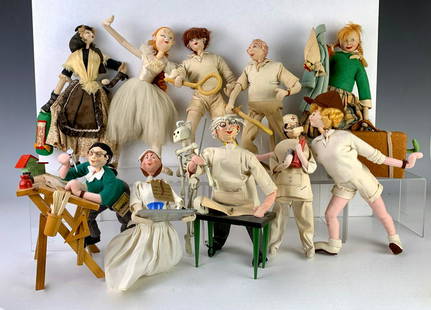 Group of 10 Attributed to Klumpe Caricature Dolls: Made in Spain, having a tennis player, nurse with medicine, architect, doctor with skeleton, doctor with syringes, lady traveler, 2 tennis players and lady with bat, very good condition, like new,
