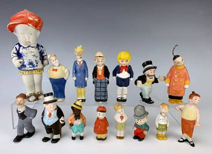 15 German Bisque Nodder Comic Character & Others: Wonderful collection of antique German bisque comic characters, 8 nodders and 7 figures, names like Maggie & Jiggs, Moon Mullins, Andy Gump, etc., all good condition, 6.25" tallest **Lifetime estate