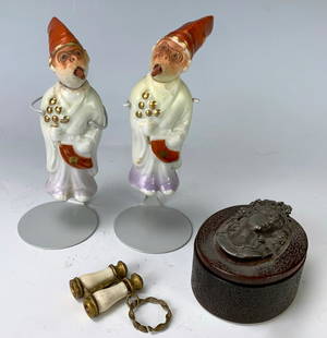 Group Lot Pair Monkeys w/ Movable Tongues & 2 More: In this lot there are a pair of humorous porcelain monkeys with movable tongues, marked "Made in Occupied Japan", and oval amber type cameo box marked "F. Desfrere Paris", and a stanhope of