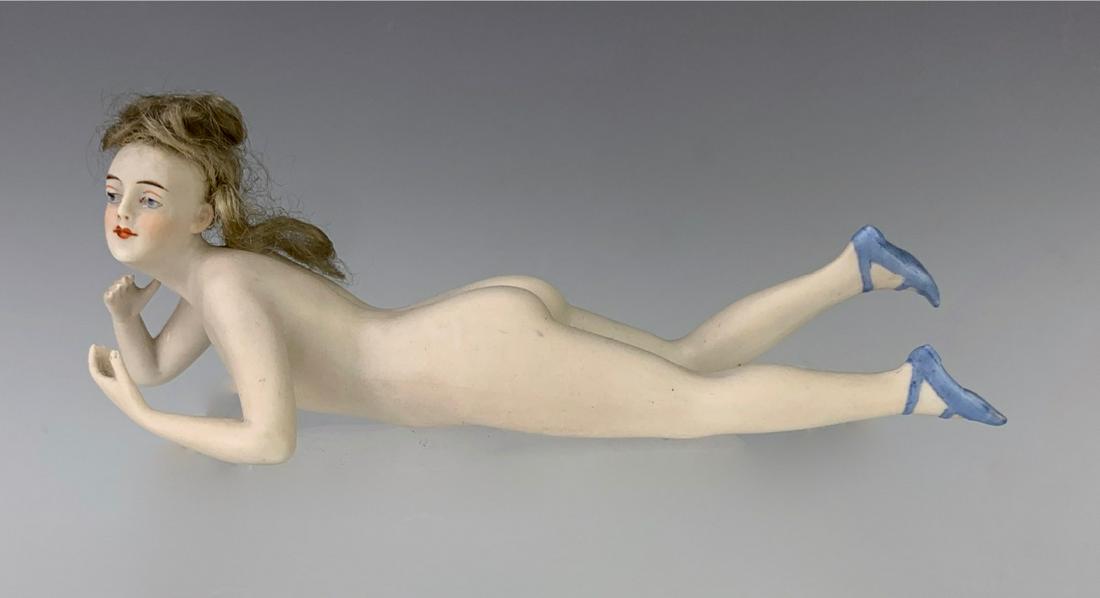 German Bisque Bathing Beauty with Real Hair: Circa 1920's, most likely made by Galluba and Hoffman, she has painted shoes and original real hair, very good condition, 6.5" length **Lifetime estate collection of Jeannine Hamilton, Oak Park, CA**