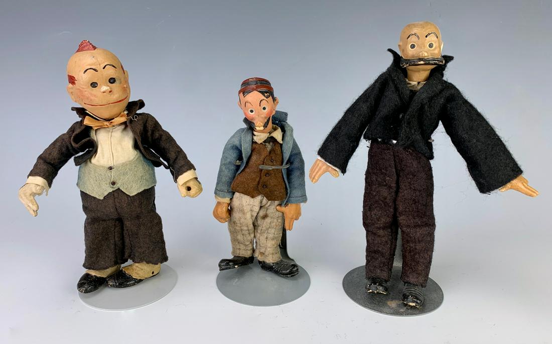 Rare Swiss Bucherer "Mutt & Jeff" and "Jiggs": Circa 1920's, 3 jointed metal character dolls of comic characters "Mutt & Jeff" and also "Jiggs", made by Swiss manufacturer Bucherer, good condition, nose has chip on Jiggs, 7.5" tallest **Lifetime e