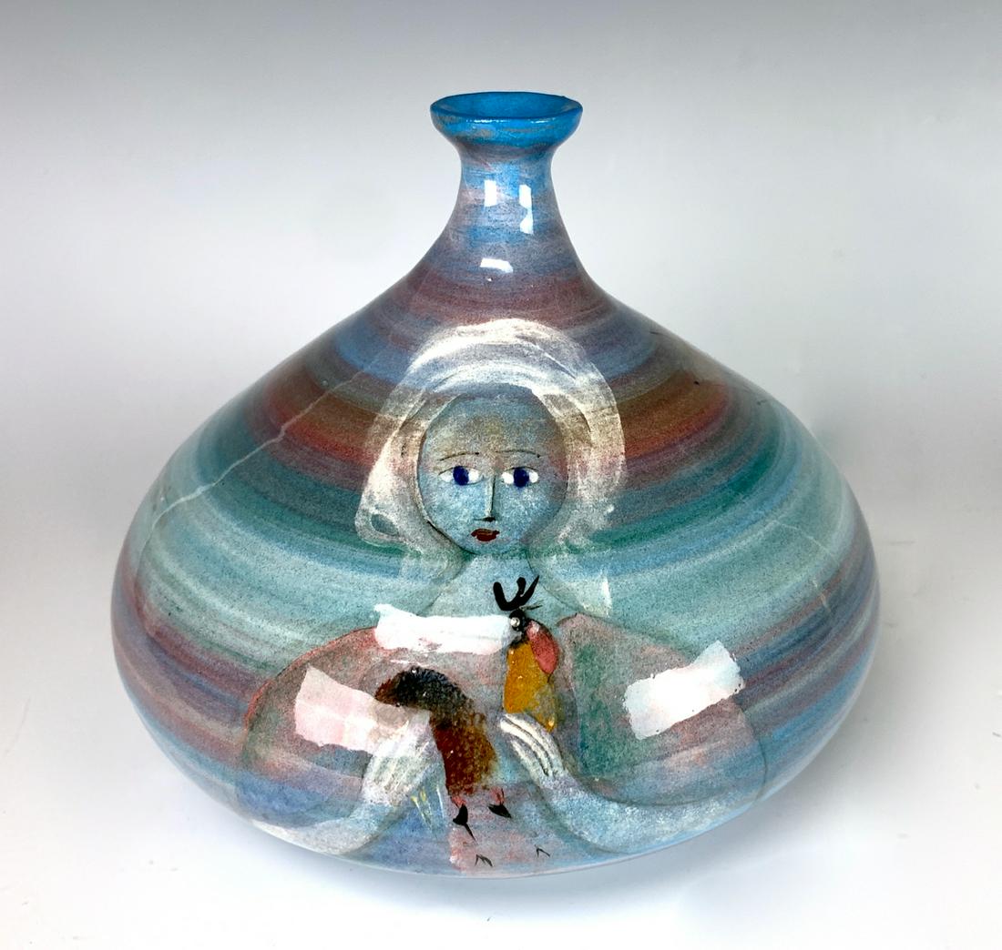 Polia Pillin Bulbous Squat Vase with Two Women: Pillin bulbous vase showing one side woman holding flowers, the other woman holding rooster, signed "Pillin" on bottom, good condition with light crazing on neck and small glaze flake on rim, 6.5" hei