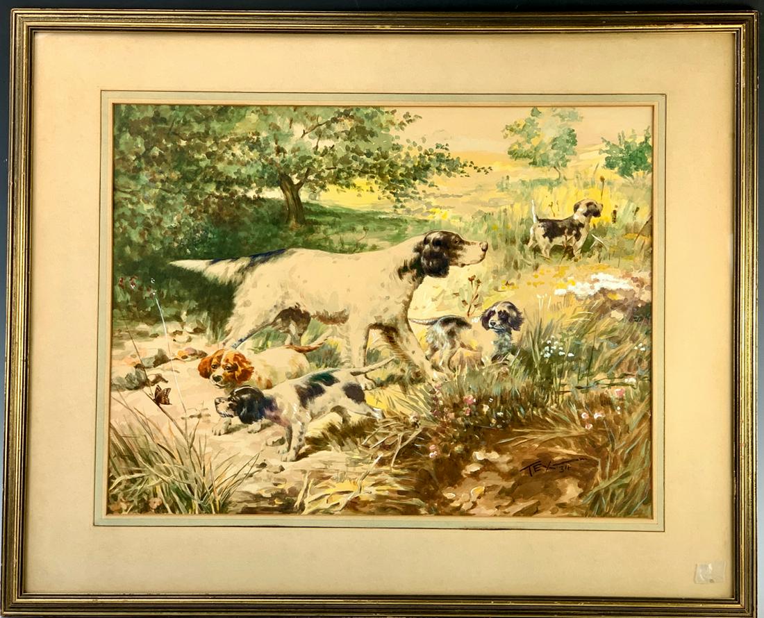 Tex O'Rourke Hunting Dogs Watercolor: Dated 1934, Tex O'Rourke (B. 1886) born in Texas eventually moving to New York where he became a professional boxer during the 1930's, he was also a well known dog artist, biography comes with this pa