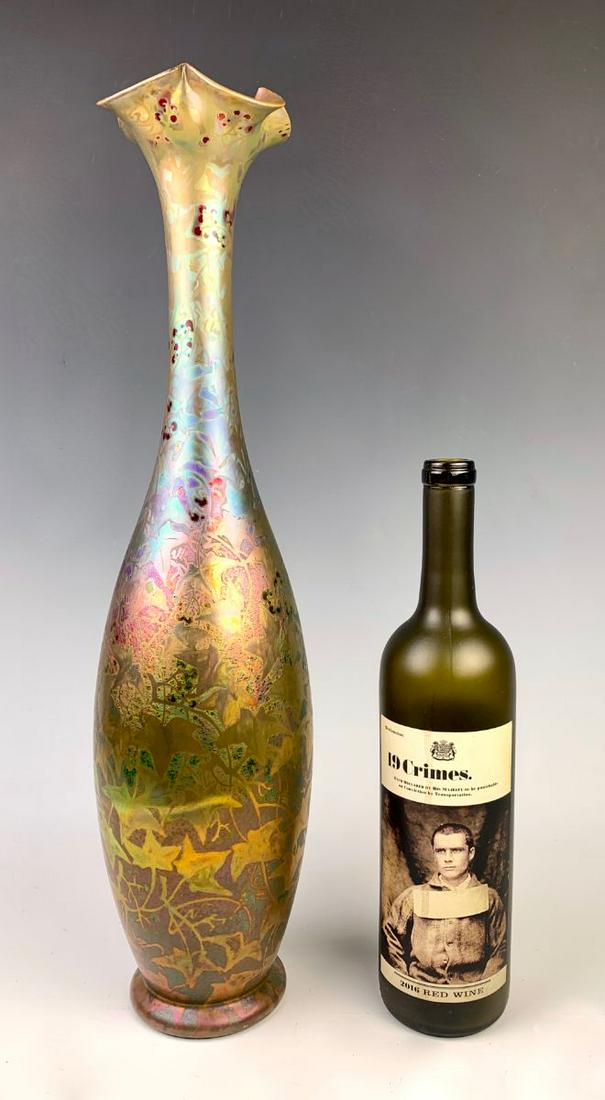 Tall Clement Massier(1844-1917)Lustre Glazed Vase: Impressive Clement Massier lustre glazed stoneware vase, decorated with grape leaves and grapes in metallic colors of red, gold and hints of green, signed "Clement Massier, Gold Juan AM" also has orig