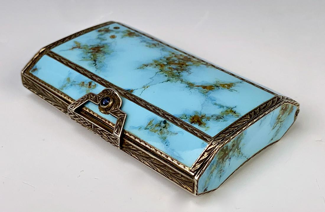 Turquoise Enamel & Silver Ladies Compact C. 1920s: Having a turquoise enamel stone like compact with silver body, includes a beveled mirror on inside, gold wash interior, 112 grams, approximately 3.60 troy ounces, not marked, good condition, tiny mino