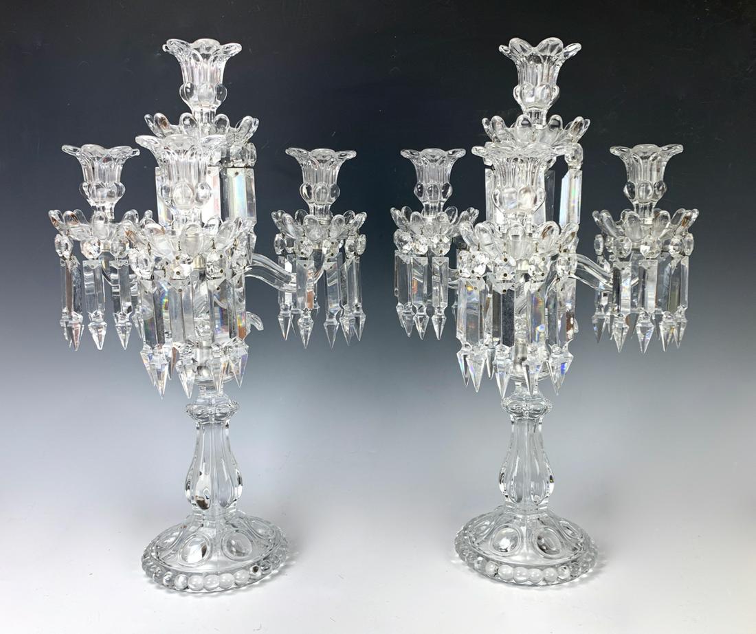 Pair French Baccarat Crystal Candelabra: Beautiful pair of signed Baccarat crystal candelabra, good condition, 19" height