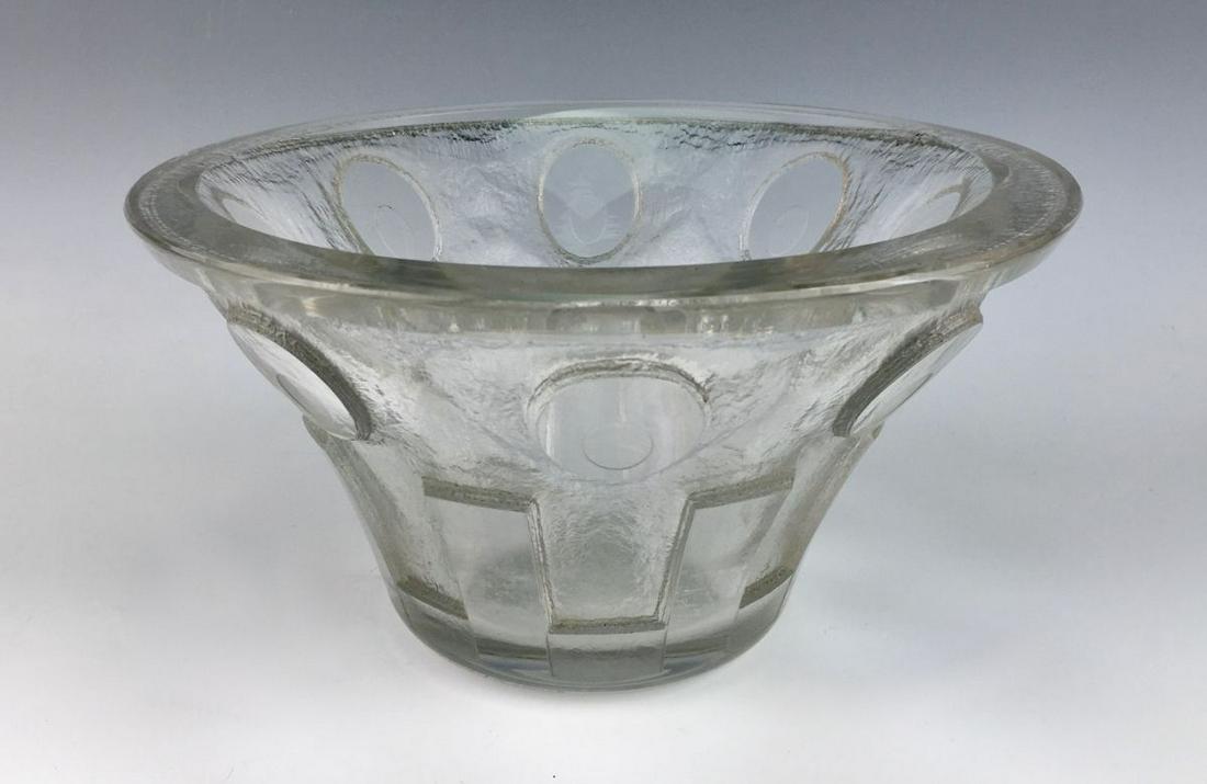 Daum Nancy Art Deco Acid Cut Clear Glass Vase: Circa 1925, having a clear glass body with geometric designs, signed "Daum Nancy France" with cross of Lorraine, good condition, minor oxidation at bottom of inside and wear commensurate with age, 6"