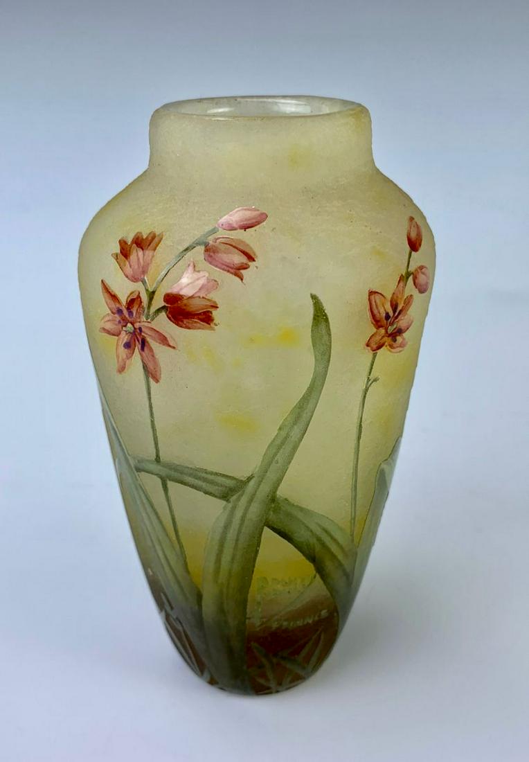 Daum Nancy "Montbretias" Cameo Glass Vase C. 1900: Having yellow glass body decorated in cameo montbretias flowers in red and green leaves, signed in cameo "Daum Nancy, France" with cross of Lorraine, very good condition, 5" height*In-house shipping w