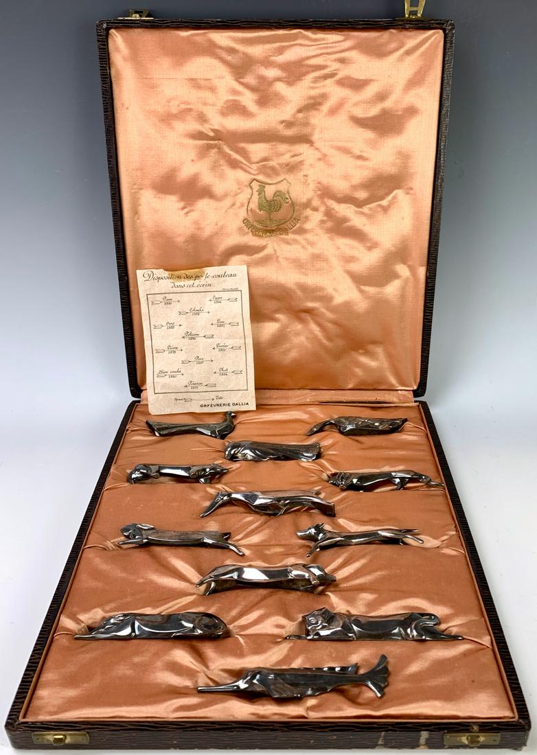 12 Christofle Gallia Deco Animal Knife Rests: Circa 1930, French, set of twelve silverplate stylized art deco knife, each marked "Orfevreie Gallia" in original display box, with original schematic, good condition, 3" - 4" lengths