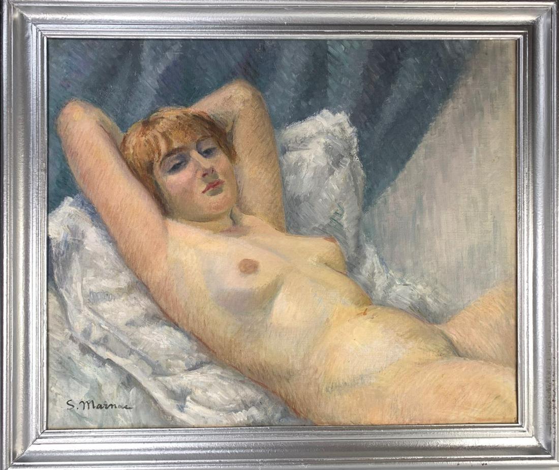 Suzanne Marie Marnac Deco Nude Painting C. 1920's: Reclining nude oil on canvas, signed lower left "S. Marnac" for Suzanne Marie Marnac (French 1920's), mounted in a silver leaf frame, has exposition label on reverse, very good condition, 23.5" x 28.5