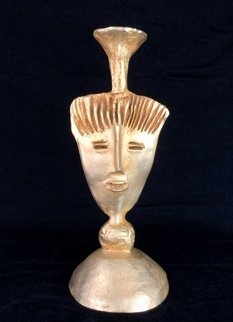 Pierre Casenove (B.1943 FR) "Face" Candlestick: Having gilded bronze finish, signed and marked "Fondica France 94", very good condition, 11.5" height*In-house shipping within the U.S. available for this lot*