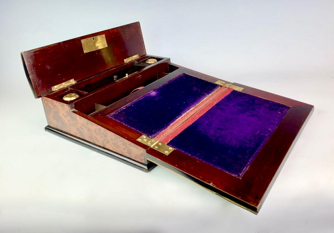 Paul Sormani (1817-1877) Paris Lap Desk: One of the most important cabinet makers of the 19th century, unusual to find a burlwood with brass and mother and pearl inlay, signed by Paul Sormani, has 2 ink bottles and purple velvet writing surf