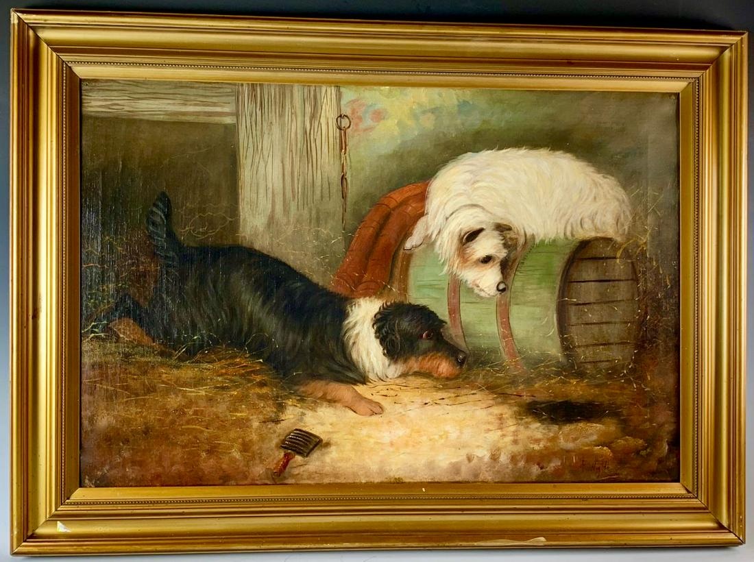 F. Wylde "Terriers Ratting in Barn" Painting: Circa 1880, oil on canvas signed "F. Wylde" on lower right, painting of 2 terriers ratting in a barn, very good condition, 21" x 30", 25.5" x 35" with frame