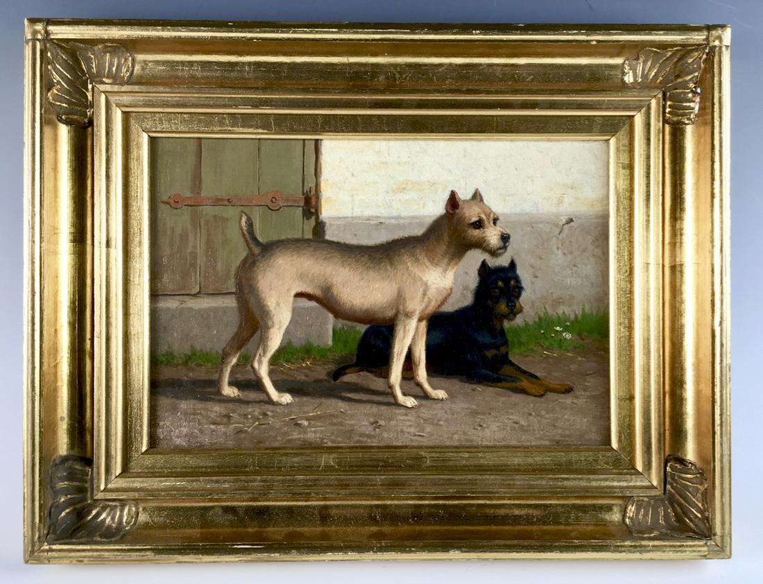 "Two Terriers in Yard" Sgd. Carl H. Bogh 1883: Carl Henrik Bogh (1827-1893 Denmark) was born in Denmark in 1827, he was known for his animal paintings, oil on canvas, signed in mid right "Cal H. Bogh 1883", mounted in a gilt wood frame, very good