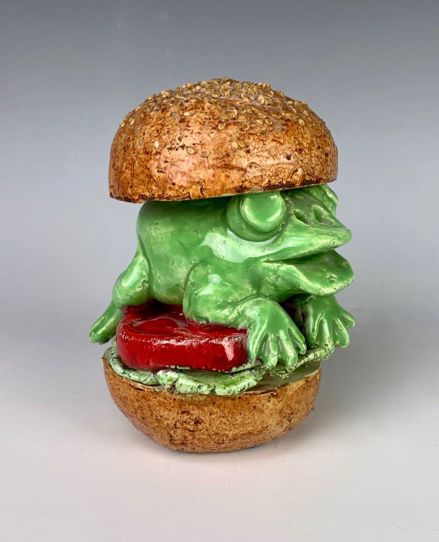 David Gilhooly "Frog Hamburger" Sculpture: David James Gilhooly (American b. 1943), glazed ceramic sculpture, "Frog Hamburger" 1978 signed and dated on bottom, very good condition, 5" x 4" x 4"