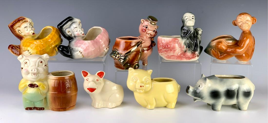9 American Art Pottery Animal Planters: Circa 1930-1960, assorted pottery planters consisting of monkeys and a pig planter, good condition, 5.5" tallest