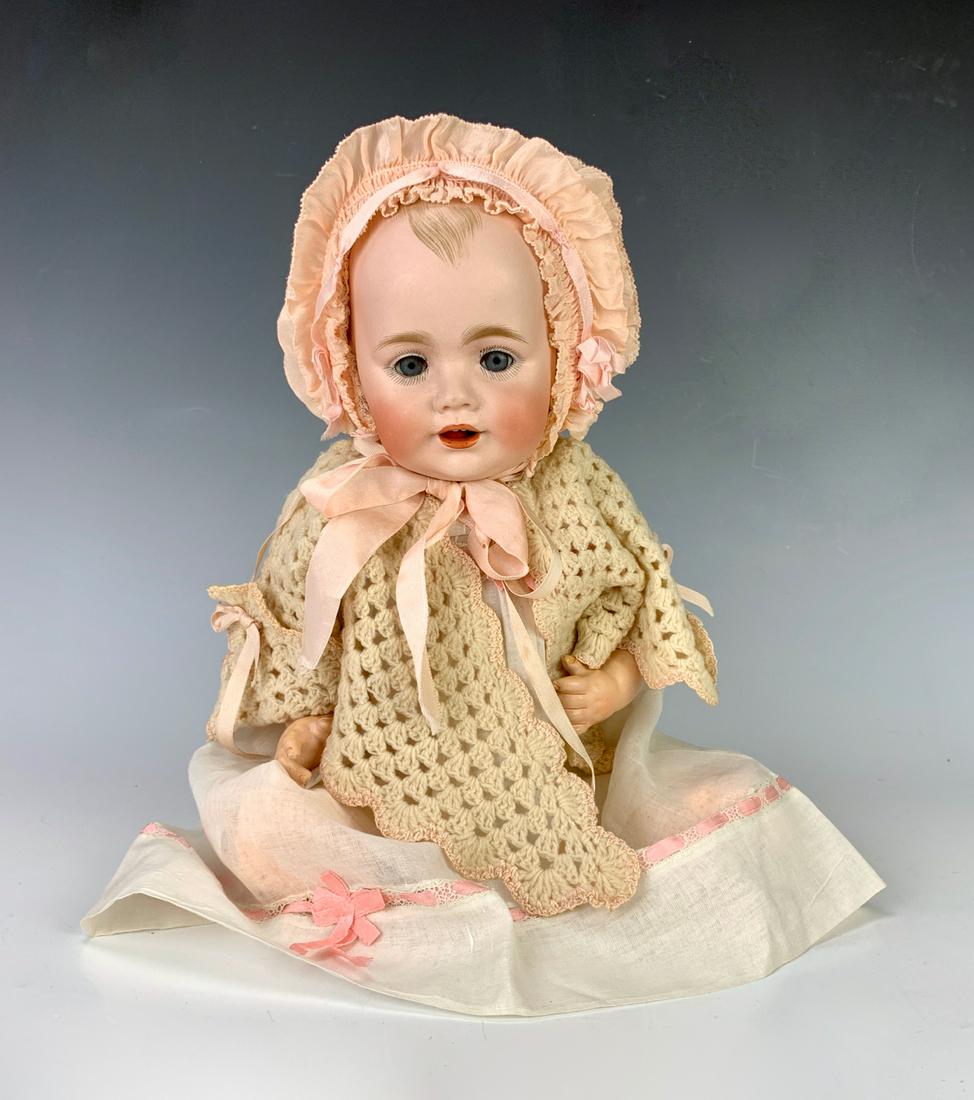 JD Kestner Bisque Character Baby: Marked "JDK S", 5 piece composition baby body, body marked "Made in Germany" in red, has voice box that works when shaken, so called Baby Jean, bisque solid dome head, blue glass eyes, tiny repaired e