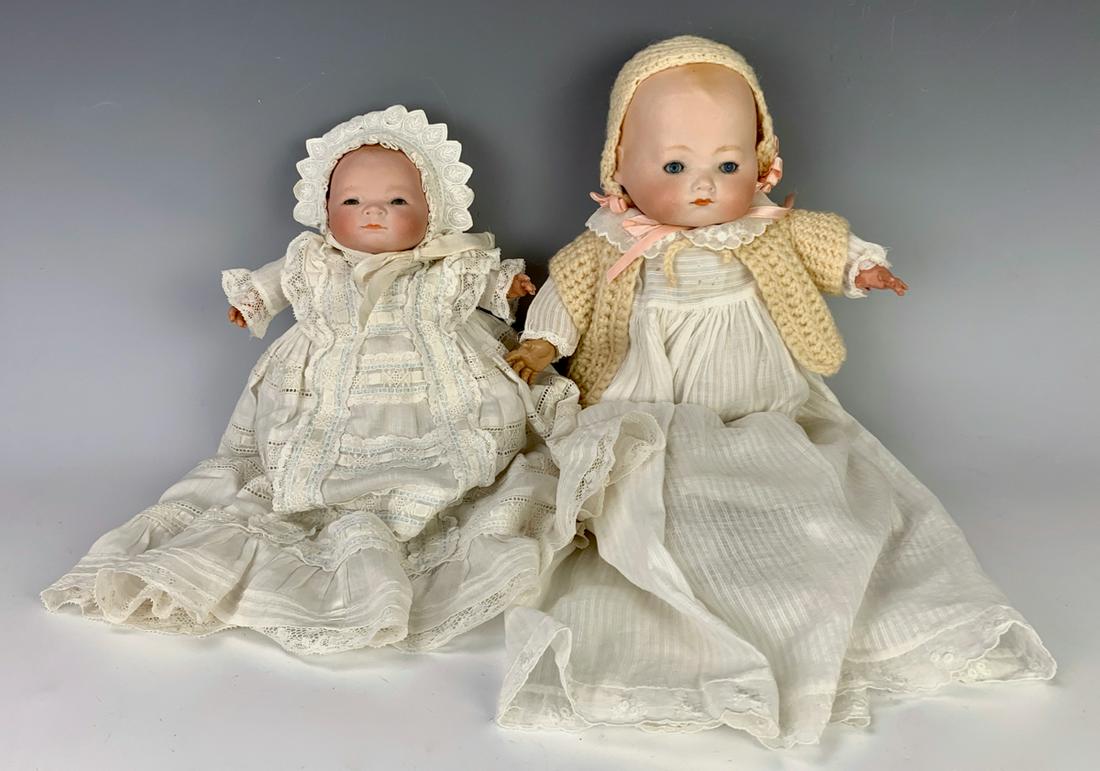 Armand Marseille "Kiddy Joy" & Bye Lo Baby: Armand Marseille bisque head character baby, blue sleep eyes, cloth body with celluloid hands, jointed at shoulders and hips, generally excellent condition 14" height, Bye Lo bisque head character bab