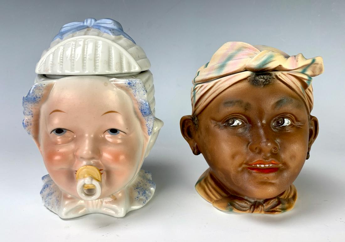 Pair Tobacco Jars of Children C. 1900: Having a baby and black Americana covered tobacco jar, very good condition, 5.5" tallest *Private collection of a Los Angeles collector.