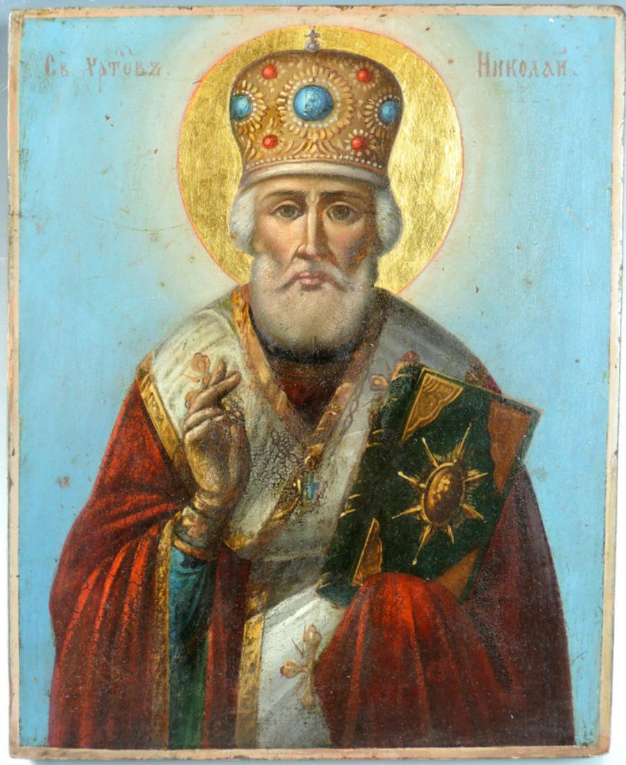 Antique Russian Icon St. Nicholas: Late 19th century, Russian orthodox icon depicting St. Nicholas The Wonder Worker, hand painted egg tempera and gesso on wood panel, very good condition, 10" x 8.5"