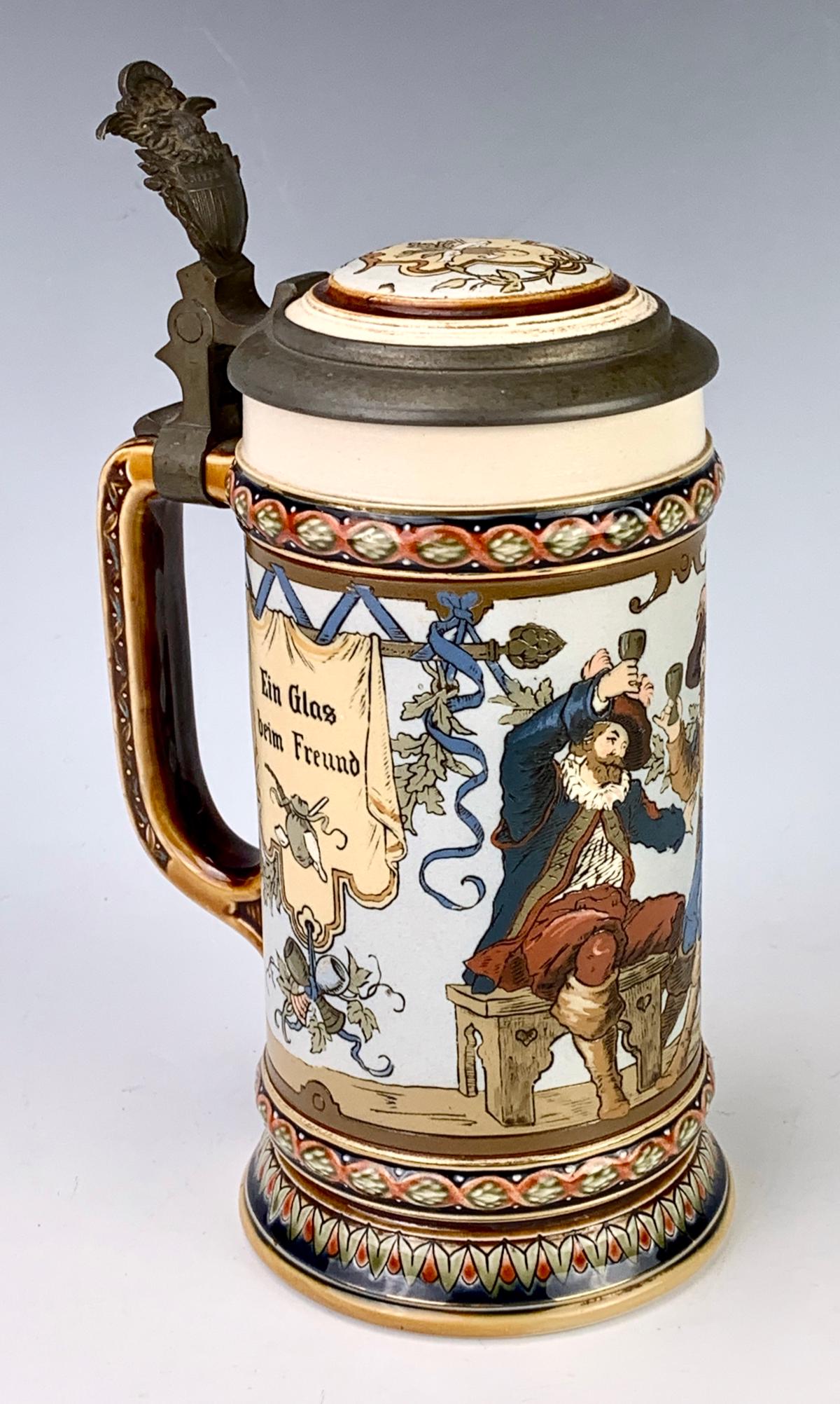 Mettlach Etched Stein #1932 "Cavaliers Drinking": Nice etched 0.5 liter stein, "Cavaliers Drinking", signed "Warth", inlay lid, marked on bottom, very good condition, 9.75" height