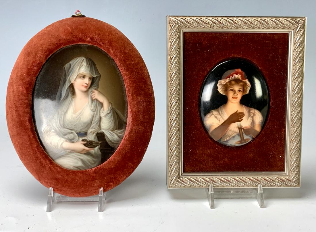 2 German Paintings on Porcelain: Offering a pair of hand painted porcelain oval plaques, one of the "Vestal Virgin" and the other "Lady with Candle", both German, both framed, very good condition, 4.5" not including frame *Private co
